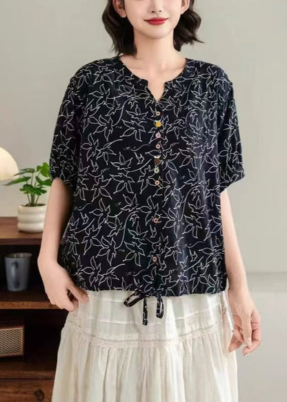 Unique Black Print Drawstring Cotton Blouse Tops Summer