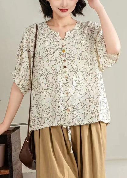 Unique Black Print Drawstring Cotton Blouse Tops Summer