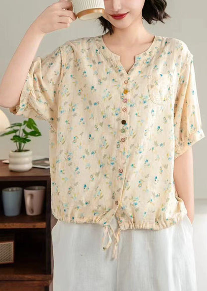 Unique Black Print Drawstring Cotton Blouse Tops Summer
