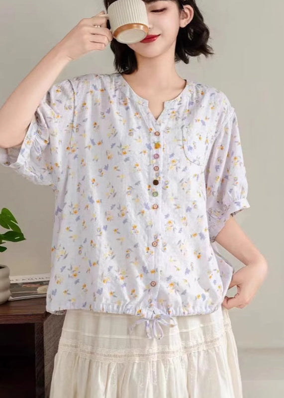 Unique Black Print Drawstring Cotton Blouse Tops Summer