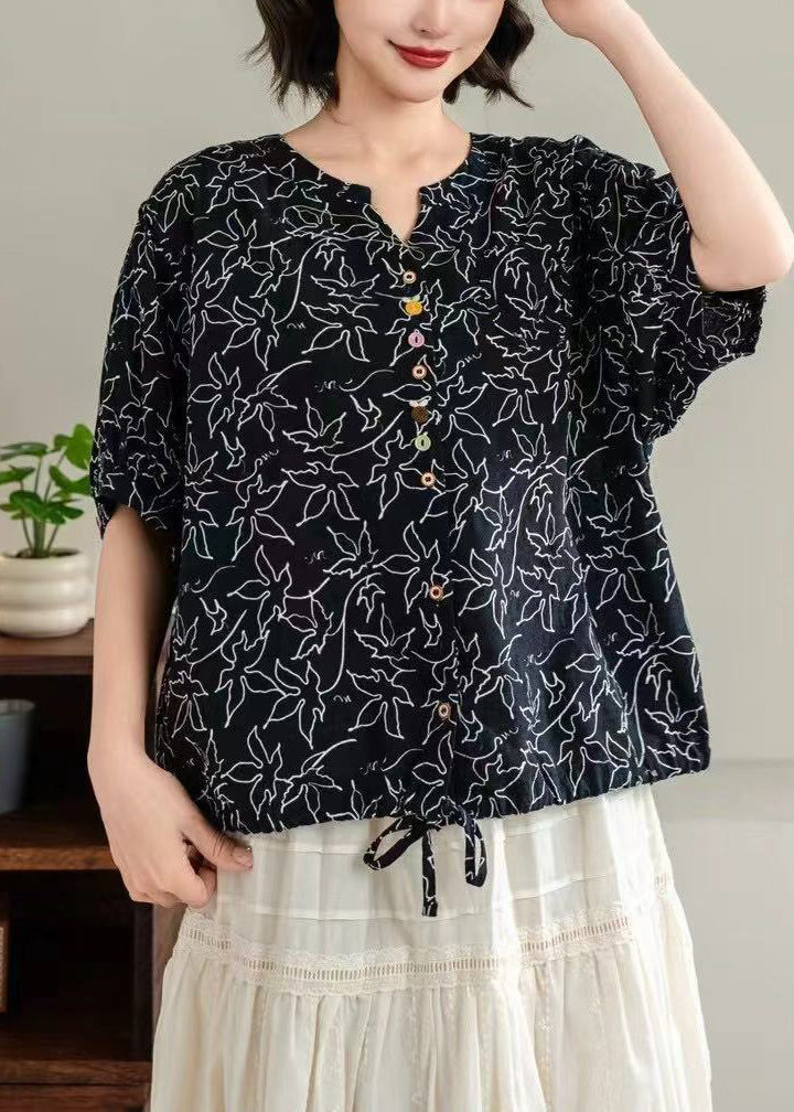 Unique Black Print Drawstring Cotton Blouse Tops Summer