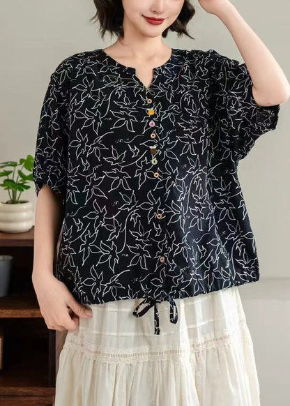 Unique Black Print Drawstring Cotton Blouse Tops Summer