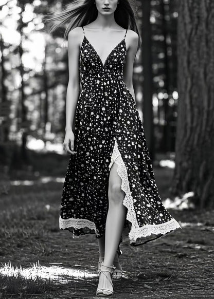 Unique Black Print Side Open Exra Large Hem Cami Dresses Summer