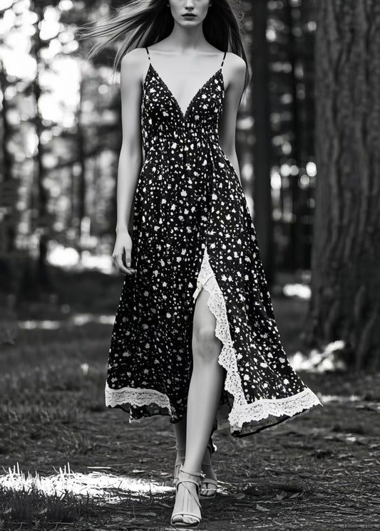 Unique Black Print Side Open Exra Large Hem Cami Dresses Summer