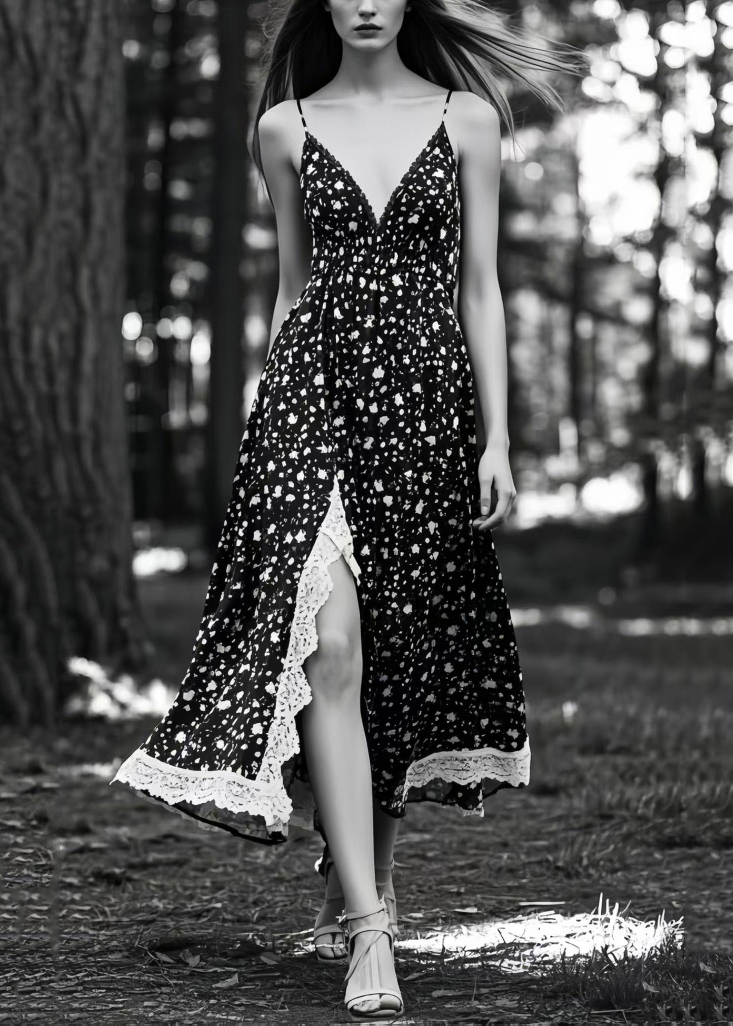 Unique Black Print Side Open Exra Large Hem Cami Dresses Summer