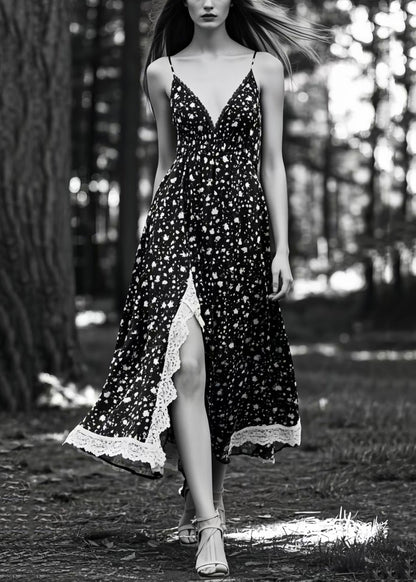 Unique Black Print Side Open Exra Large Hem Cami Dresses Summer