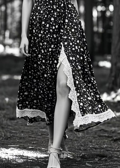 Unique Black Print Side Open Exra Large Hem Cami Dresses Summer