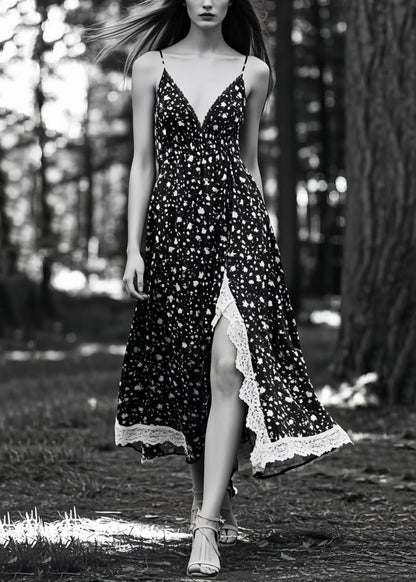 Unique Black Print Side Open Exra Large Hem Cami Dresses Summer