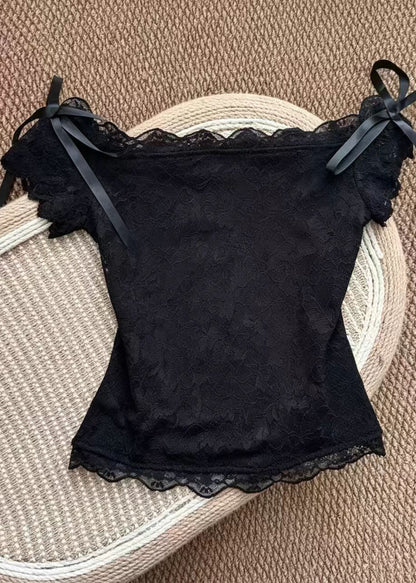 Unique Black Slash Neck Bow Lace Top Summer