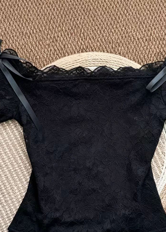 Unique Black Slash Neck Bow Lace Top Summer