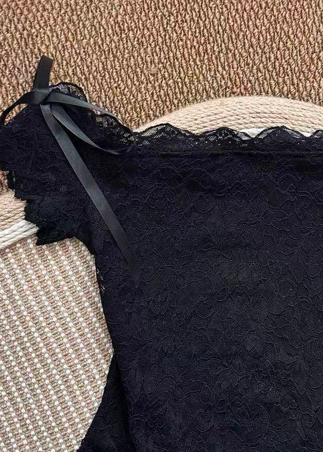 Unique Black Slash Neck Bow Lace Top Summer
