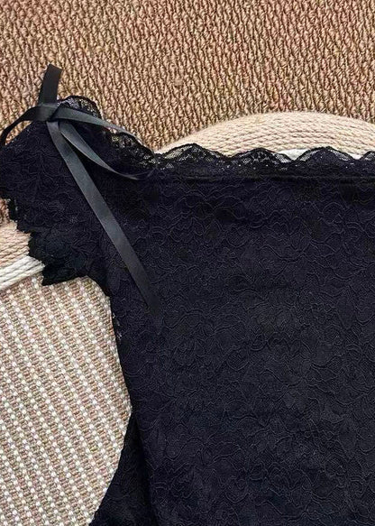 Unique Black Slash Neck Bow Lace Top Summer
