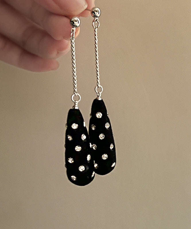 Unique Black Stainless Steel Velvet Zircon Water Droplet Drop Earrings