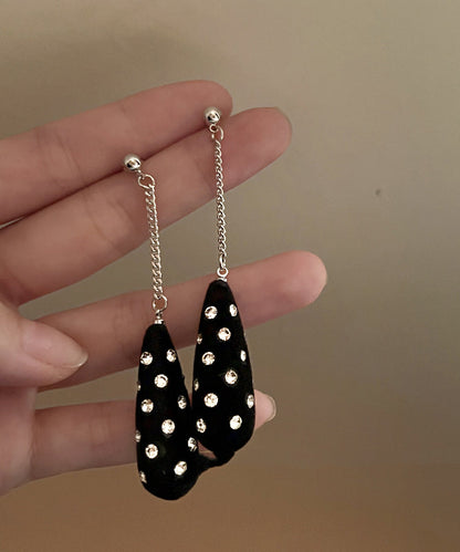 Unique Black Stainless Steel Velvet Zircon Water Droplet Drop Earrings