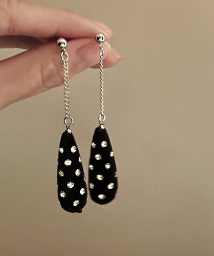 Unique Black Stainless Steel Velvet Zircon Water Droplet Drop Earrings