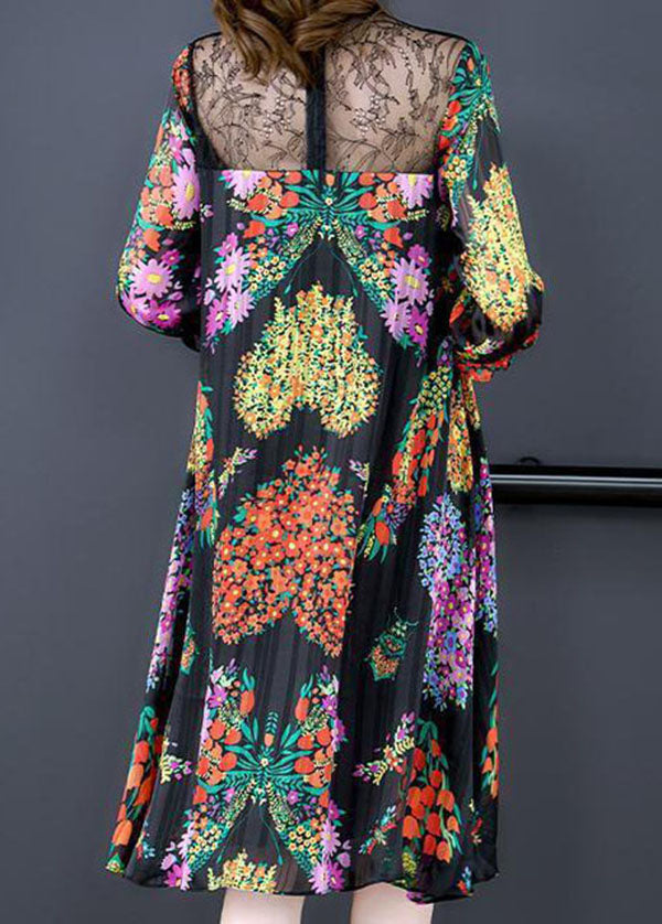 Einzigartiges schwarzes Chiffonkleid mit Stehkragen und Spitze im Patchwork-Stil mit ausgehöhltem Print und Armbandärmeln