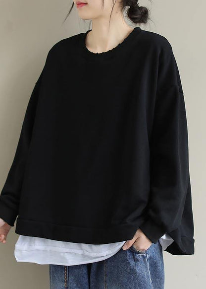 Unique Black Tunic Pattern O Neck False Two Pieces Short Spring Blouses - SooLinen