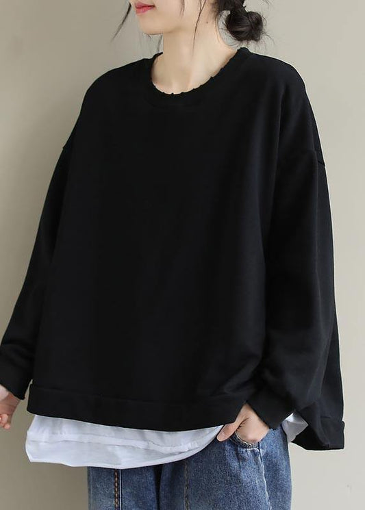 Unique Black Tunic Pattern O Neck False Two Pieces Short Spring Blouses - SooLinen