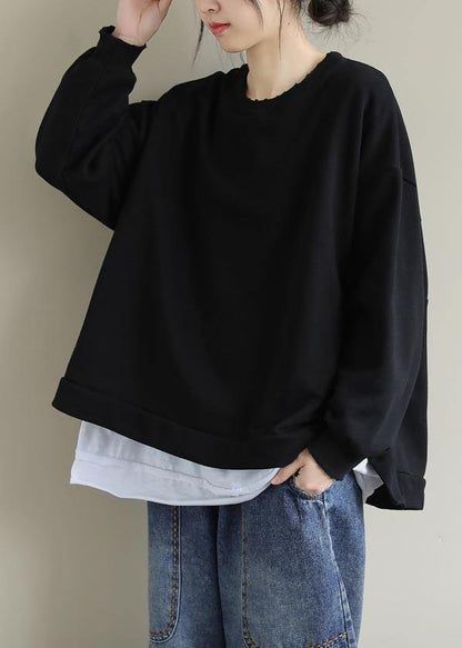 Unique Black Tunic Pattern O Neck False Two Pieces Short Spring Blouses - SooLinen