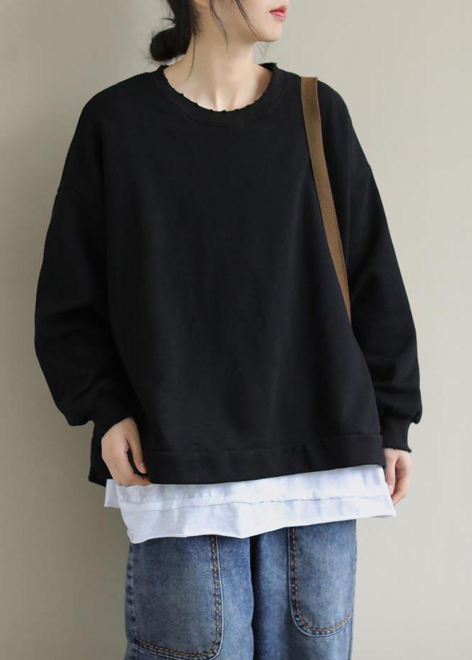 Unique Black Tunic Pattern O Neck False Two Pieces Short Spring Blouses - SooLinen