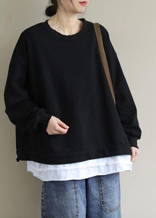 Unique Black Tunic Pattern O Neck False Two Pieces Short Spring Blouses - SooLinen