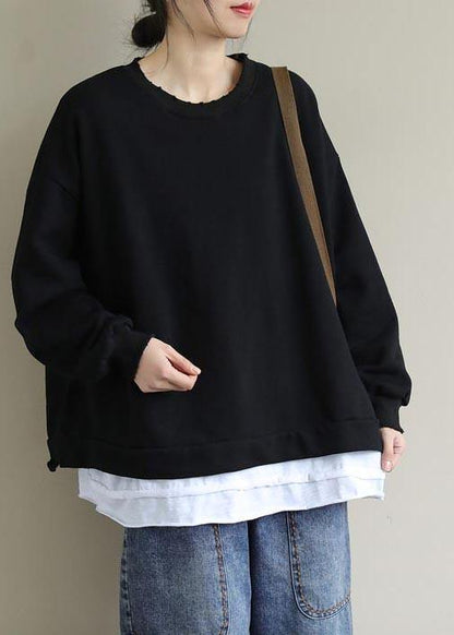 Unique Black Tunic Pattern O Neck False Two Pieces Short Spring Blouses - SooLinen