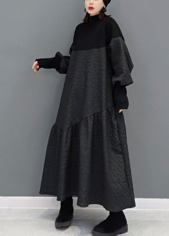 Einzigartige Schwarze Rollkragen Jacquard Patchwork Strickkleider Frühling