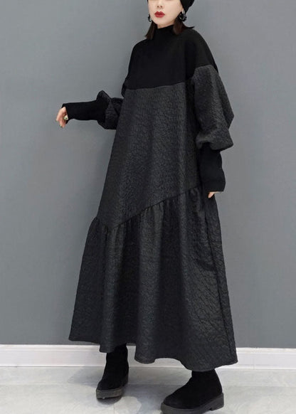 Einzigartige Schwarze Rollkragen Jacquard Patchwork Strickkleider Frühling