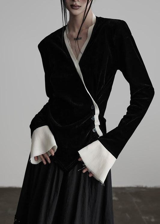 Unique Black V Neck Patchwork Silk Velour Top Spring