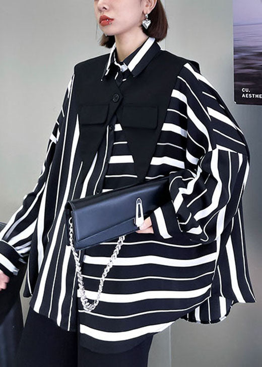 Einzigartige schwarz-weiß gestreifte asymmetrische Design Casual Herbst Blusen Langarm