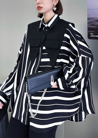 Einzigartige schwarz-weiß gestreifte asymmetrische Design Casual Herbst Blusen Langarm