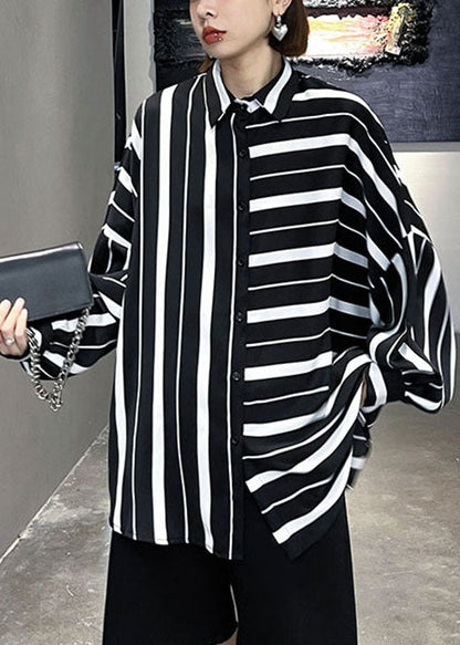 Einzigartige schwarz-weiß gestreifte asymmetrische Design Casual Herbst Blusen Langarm