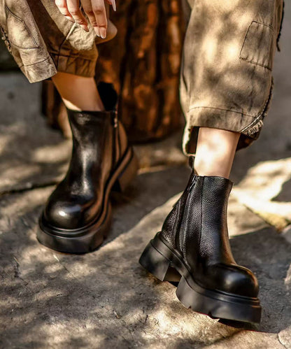 Unique Black Zippered Splicing Platform Cowhide Leather Boots