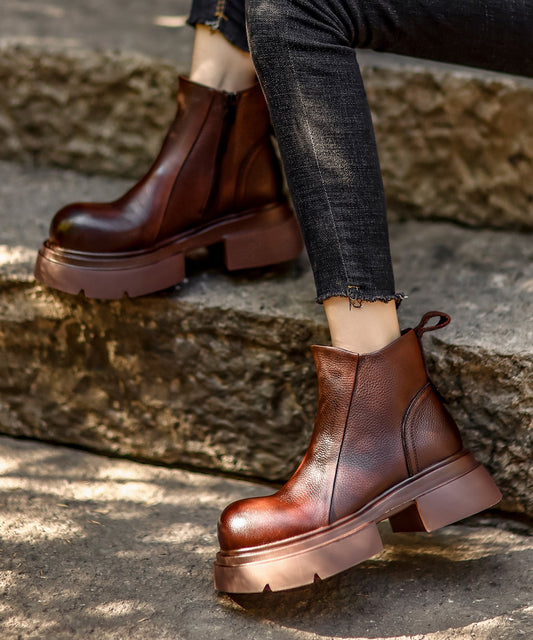 Unique Black Zippered Splicing Platform Cowhide Leather Boots