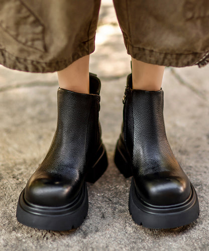 Unique Black Zippered Splicing Platform Cowhide Leather Boots