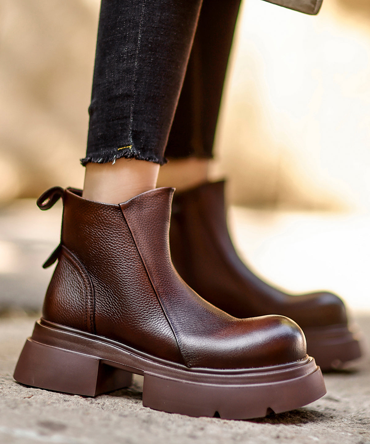 Unique Black Zippered Splicing Platform Cowhide Leather Boots