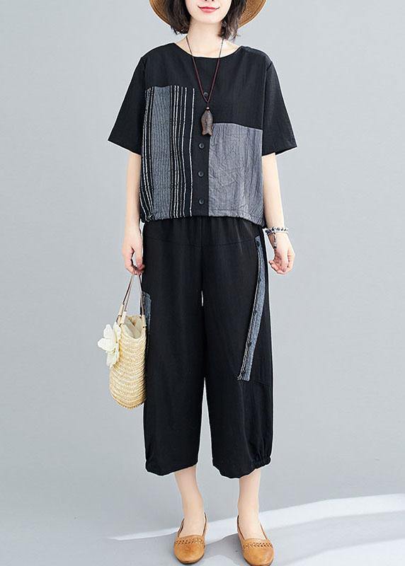 Unique Black asymmetrical design Linen Button Summer Two Pieces Set - SooLinen