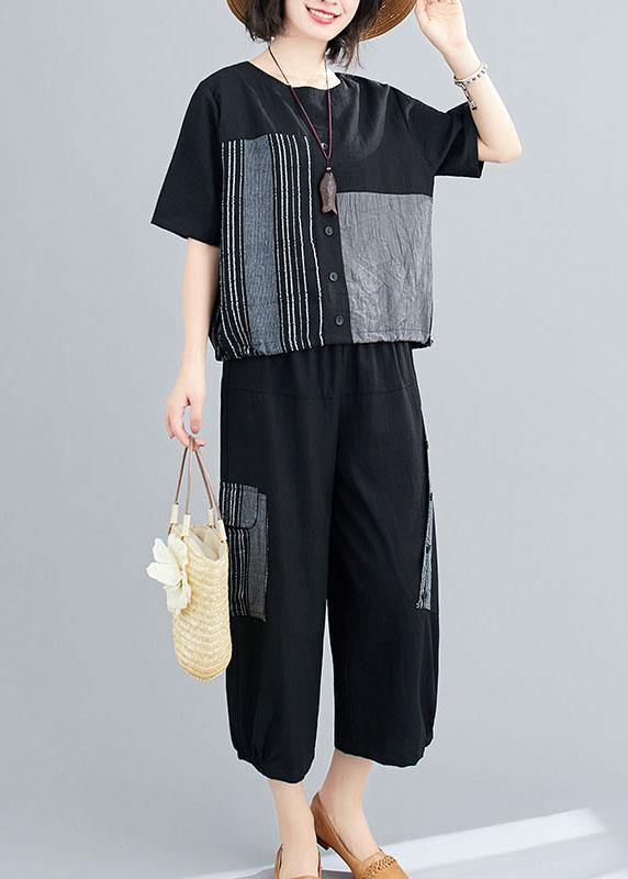 Unique Black asymmetrical design Linen Button Summer Two Pieces Set - SooLinen