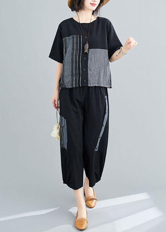 Unique Black asymmetrical design Linen Button Summer Two Pieces Set - SooLinen