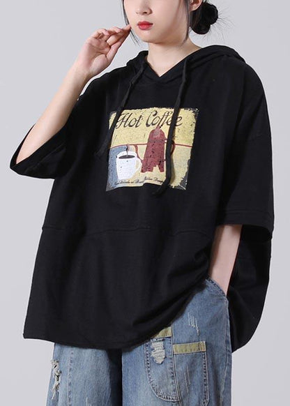 Unique Black hooded Cotton Loose Sweatshirts Top - SooLinen