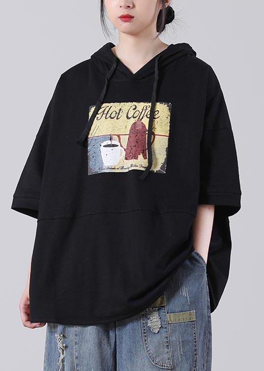 Unique Black hooded Cotton Loose Sweatshirts Top - SooLinen