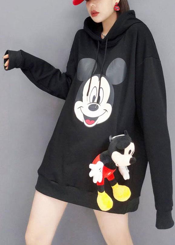 Unique Black hooded Print Fall Sweatshirts Top - SooLinen