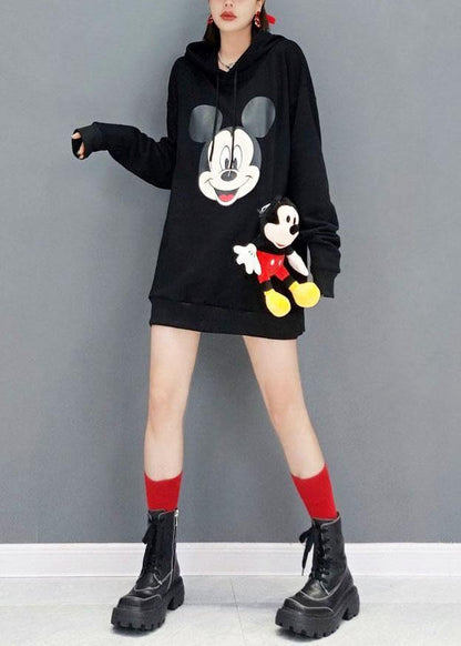 Unique Black hooded Print Fall Sweatshirts Top - SooLinen