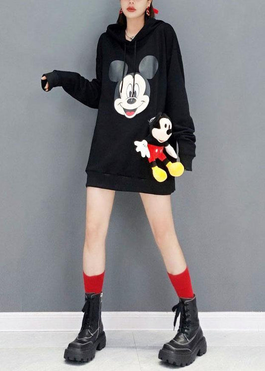 Unique Black hooded Print Fall Sweatshirts Top - SooLinen