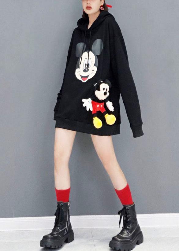 Unique Black hooded Print Fall Sweatshirts Top - SooLinen