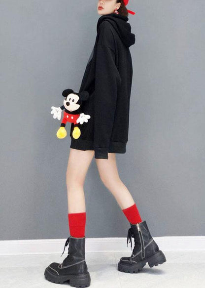 Unique Black hooded Print Fall Sweatshirts Top - SooLinen