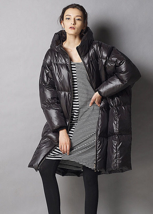 Einzigartiger schwarzer lässiger Winter-Daunenmantel mit Kapuze und Reißverschluss