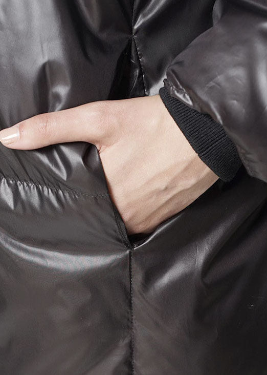 Einzigartiger schwarzer lässiger Winter-Daunenmantel mit Kapuze und Reißverschluss