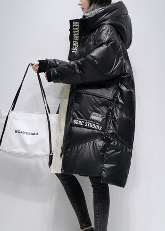 Einzigartige schwarze Winter-Daunenmäntel mit Kapuze und Reißverschluss im Low-High-Design