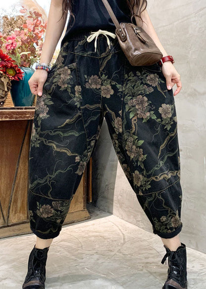 Einzigartige Schwarze retro Cinched Print Denim Hose Hose Frühling